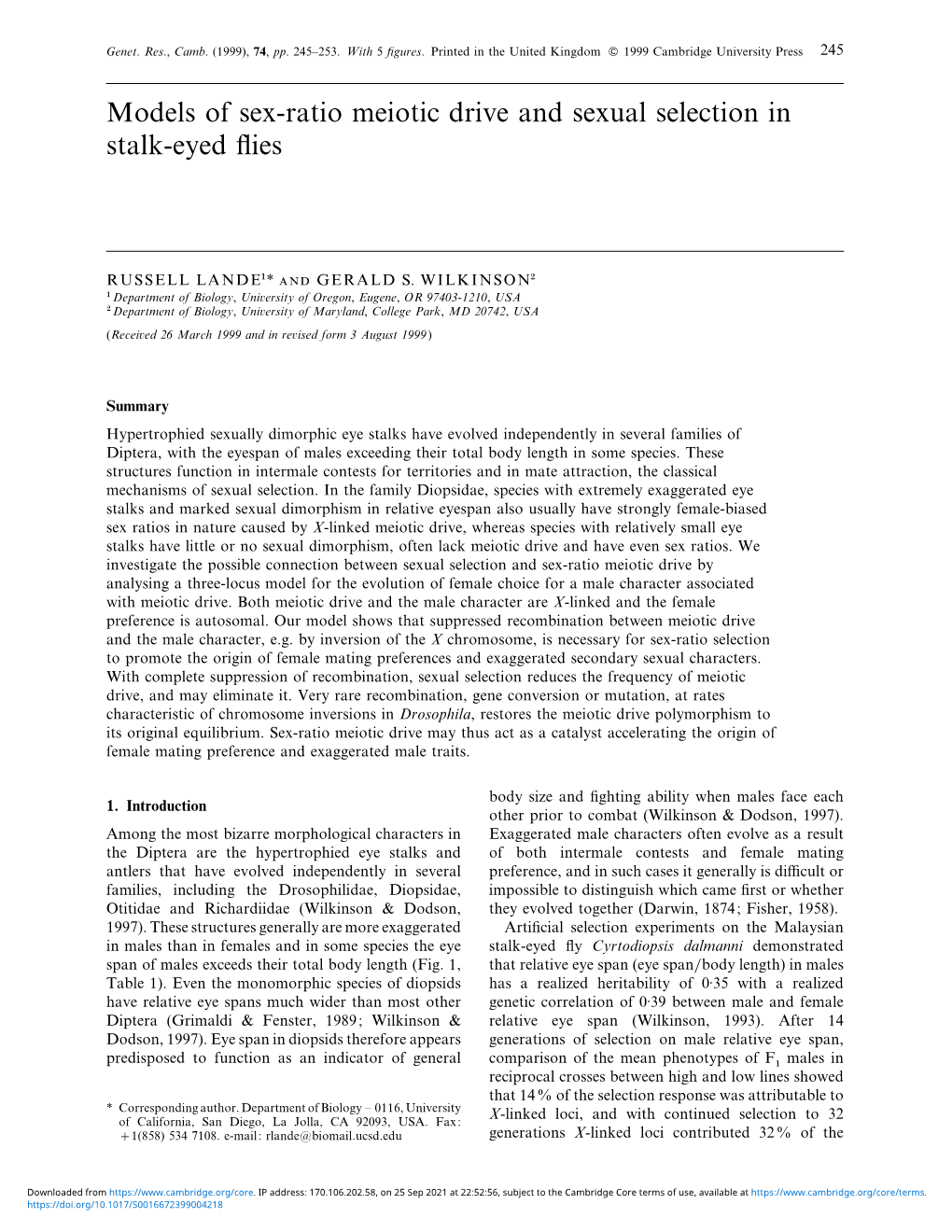 Models of Sex-Ratio Meiotic Drive and Sexual Selection in Stalk-Eyed Flies