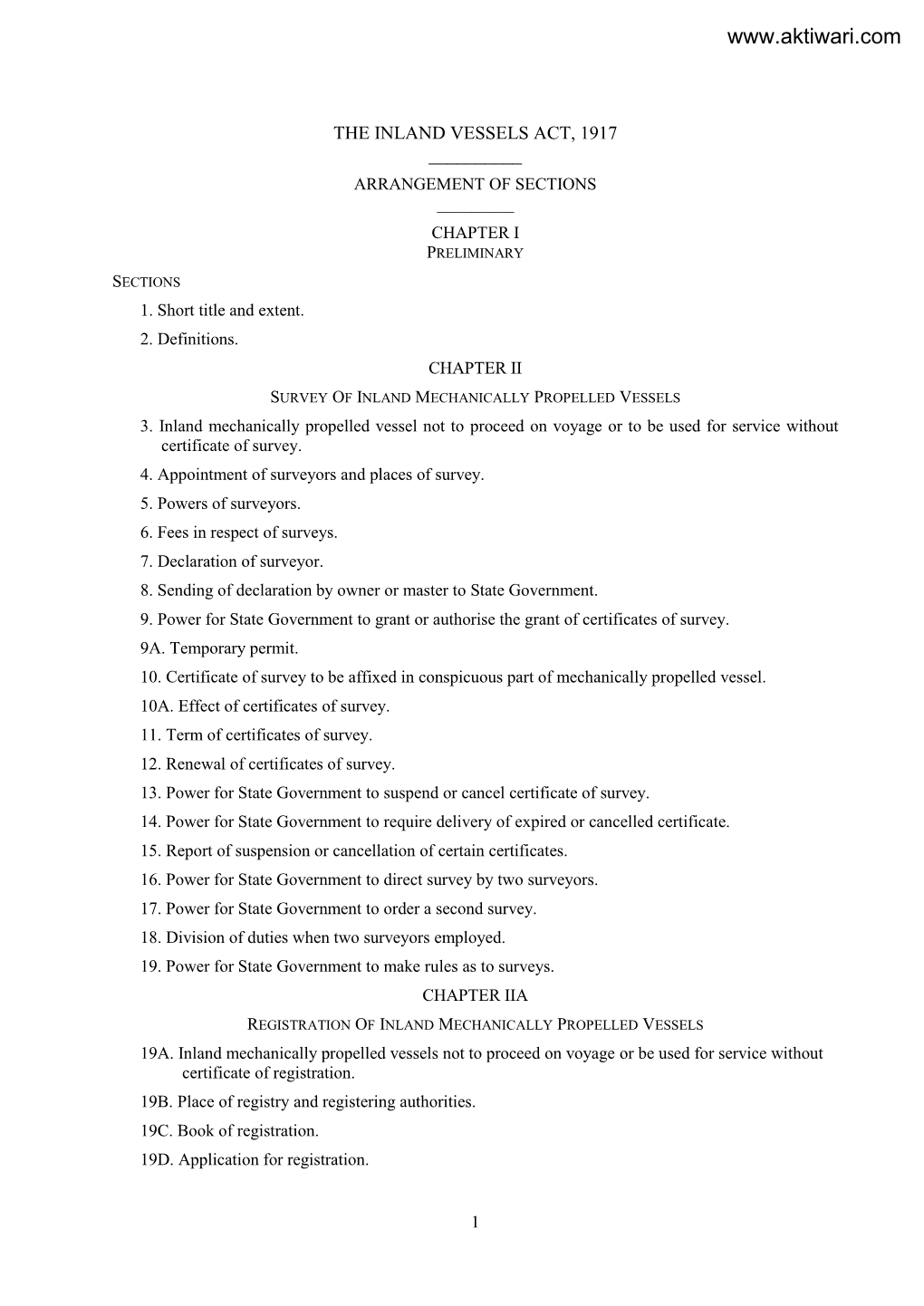 The Inland Vessels Act, 1917 ______Arrangement of Sections ______Chapter I Preliminary Sections 1