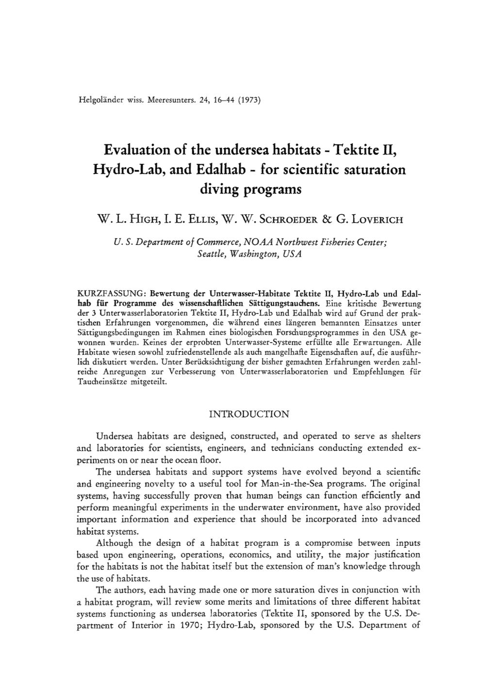 Evaluation of the Undersea Habitats-Tektite II, Hydro-Lab, And