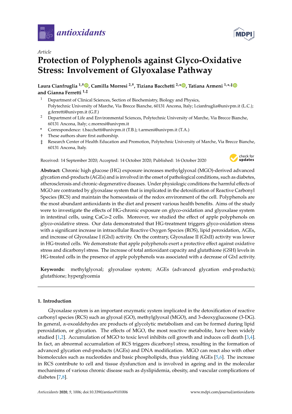 Protection of Polyphenols Against Glyco-Oxidative Stress: Involvement of Glyoxalase Pathway