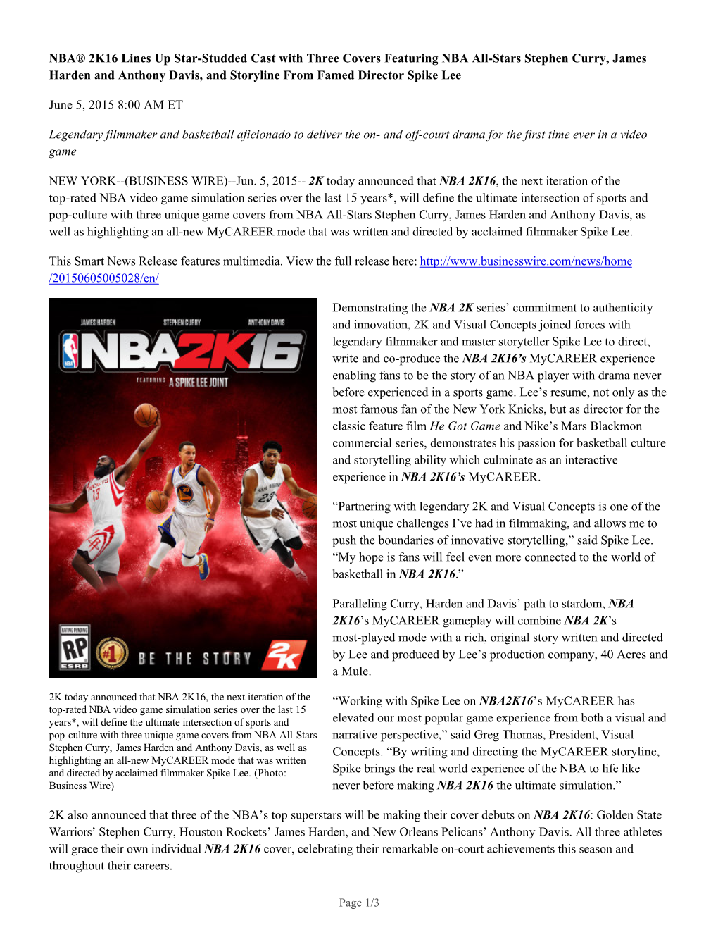 NBA® 2K16 Lines up Star-Studded Cast with Three Covers Featuring NBA All-Stars Stephen Curry, James Harden and Anthony Davis, A