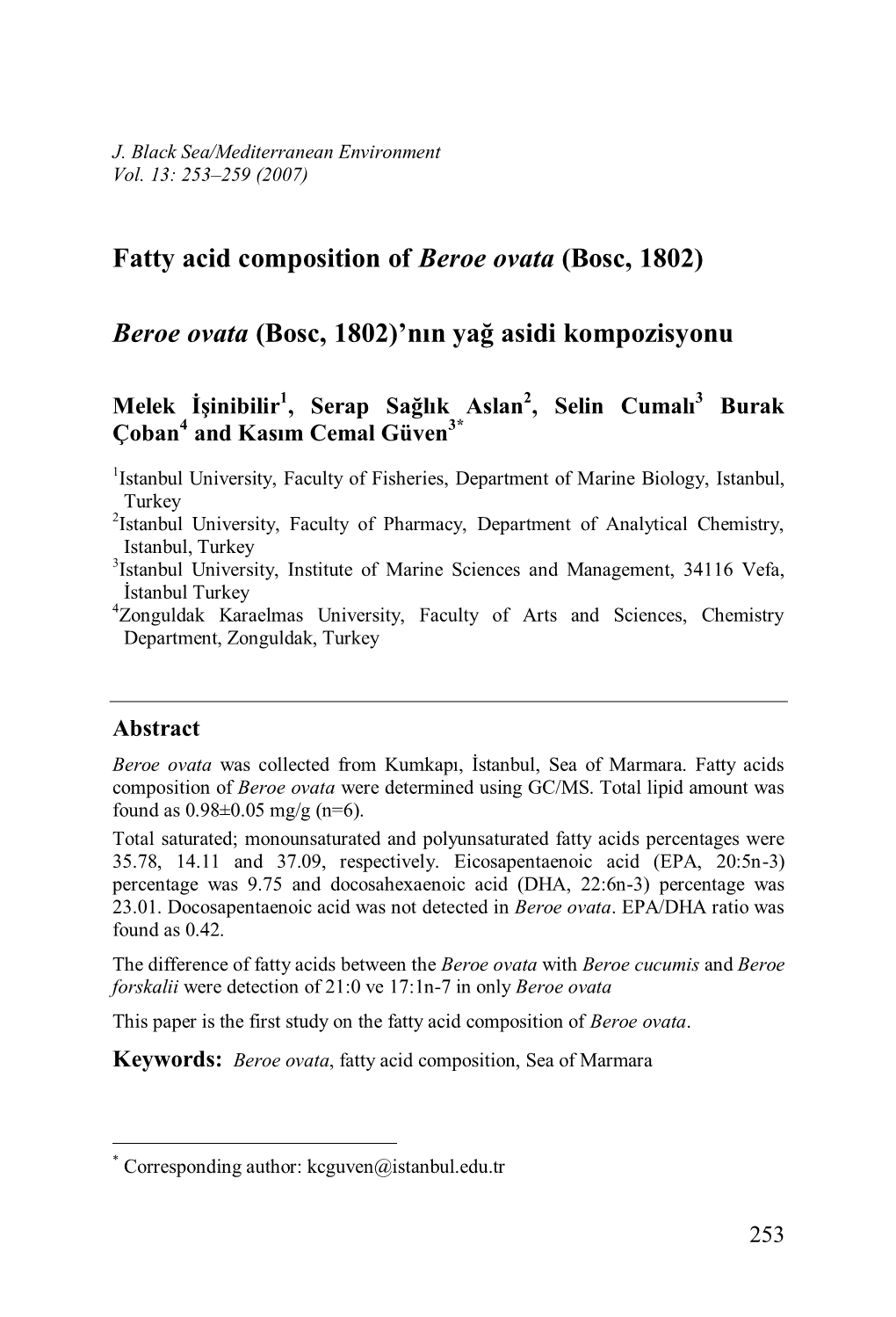 Fatty Acid Composition of Beroe Ovata (Bosc, 1802)
