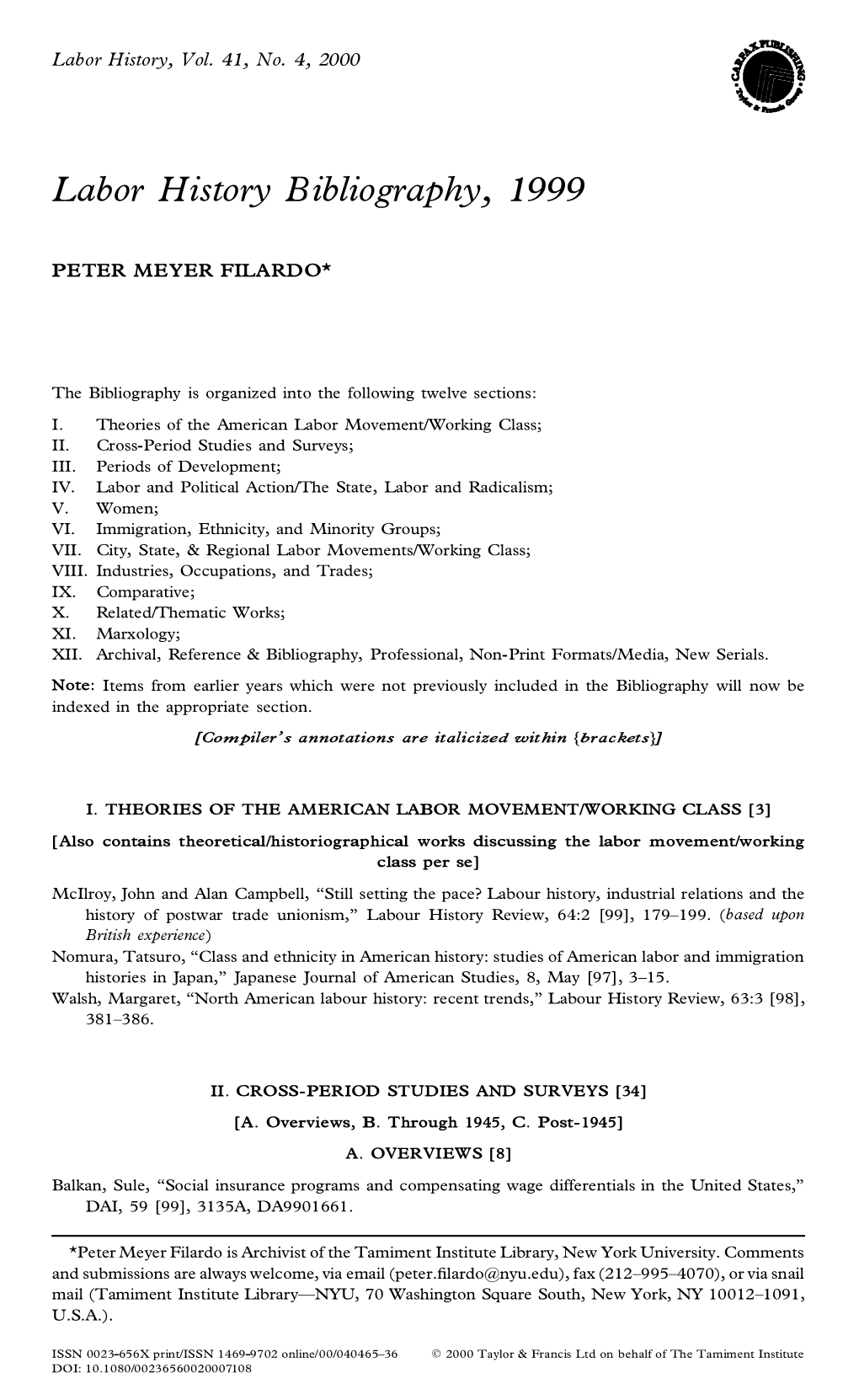 Labor History Bibliography, 1999