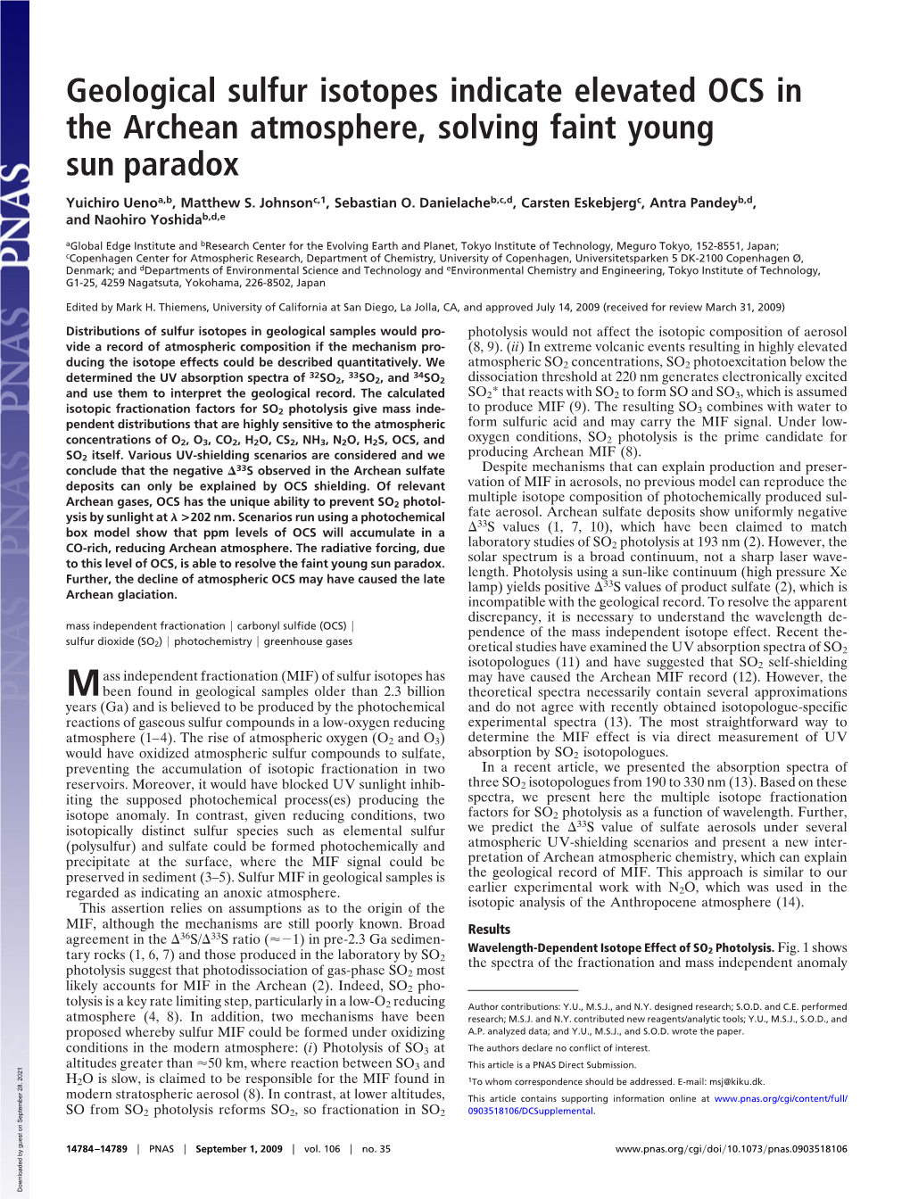 Geological Sulfur Isotopes Indicate Elevated OCS in the Archean Atmosphere, Solving Faint Young Sun Paradox