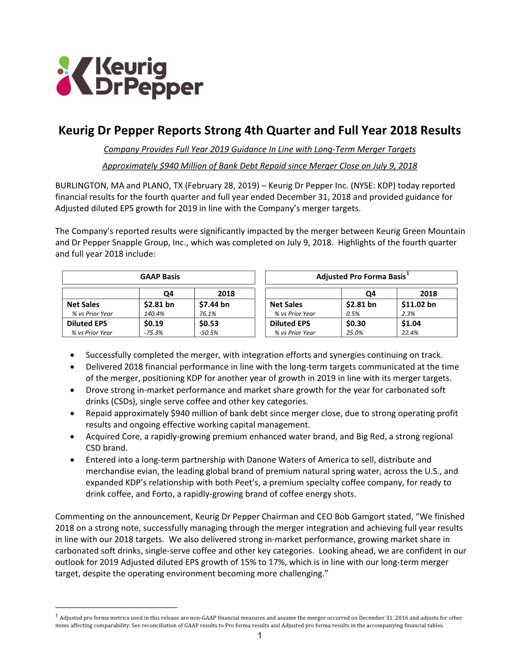 Keurig Dr Pepper Reports Strong 4Th Quarter and Full Year 2018 Results