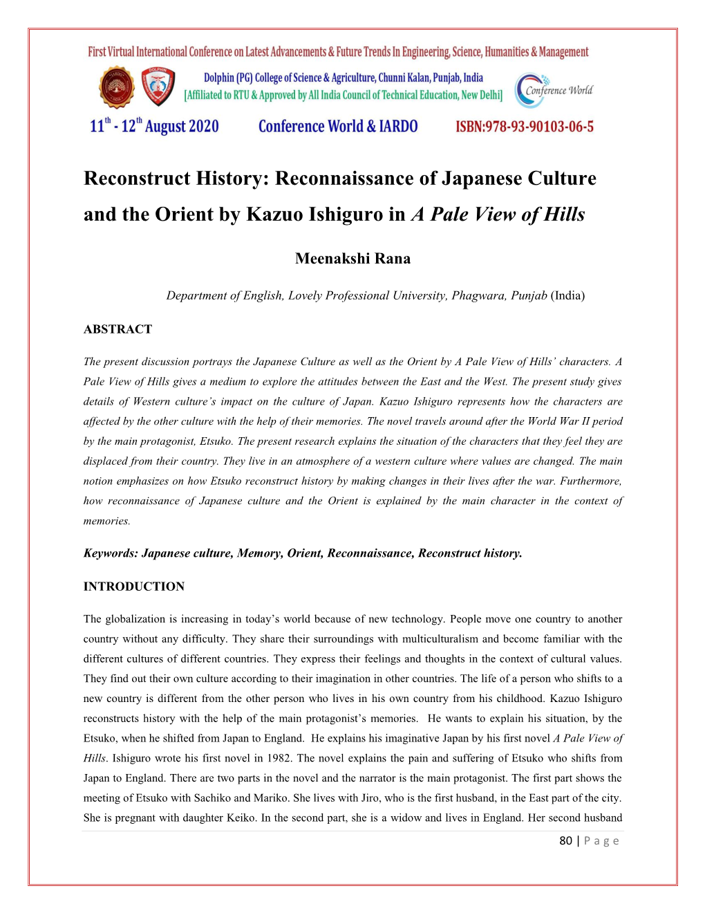 Reconnaissance of Japanese Culture and the Orient by Kazuo Ishiguro in a Pale View of Hills