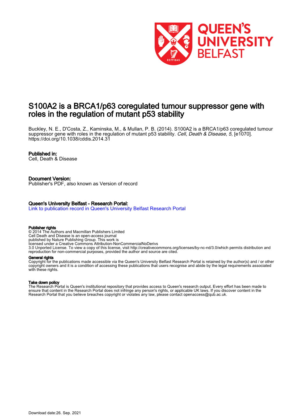 S100A2 Is a BRCA1/P63 Coregulated Tumour Suppressor Gene with Roles in the Regulation of Mutant P53 Stability