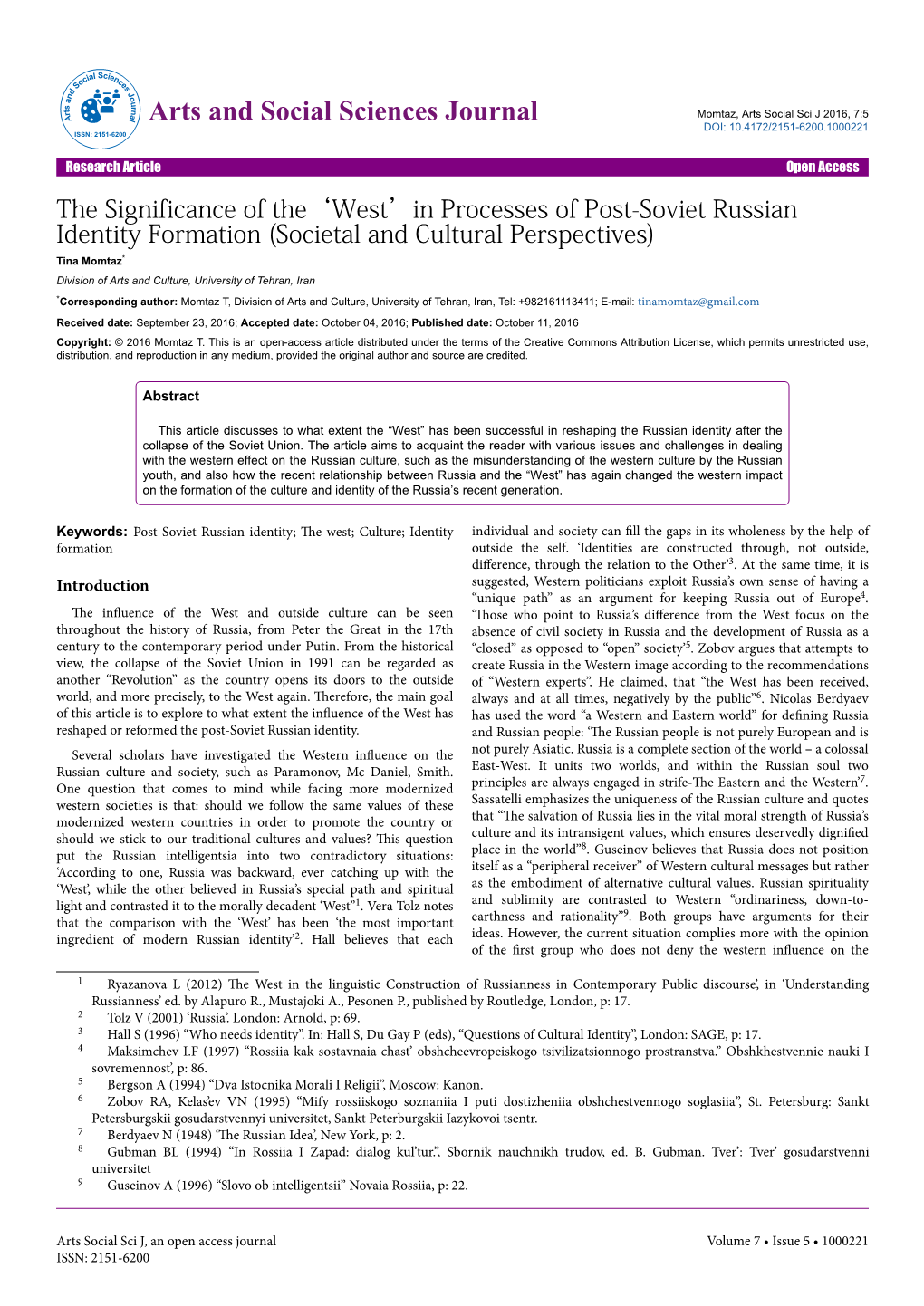 'West'in Processes of Post-Soviet Russian Identity Formation