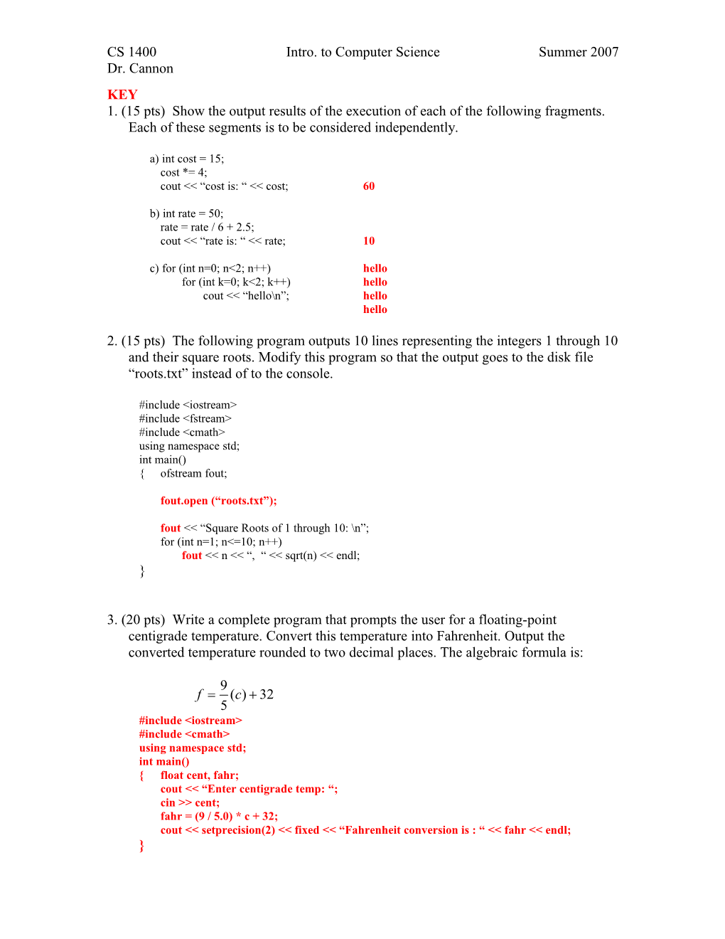 CS 1400 Intro. to Computer Science Summer 2007