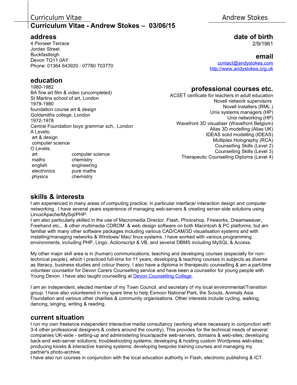 Curriculum Vitae - Andrew Stokes 03/06/15