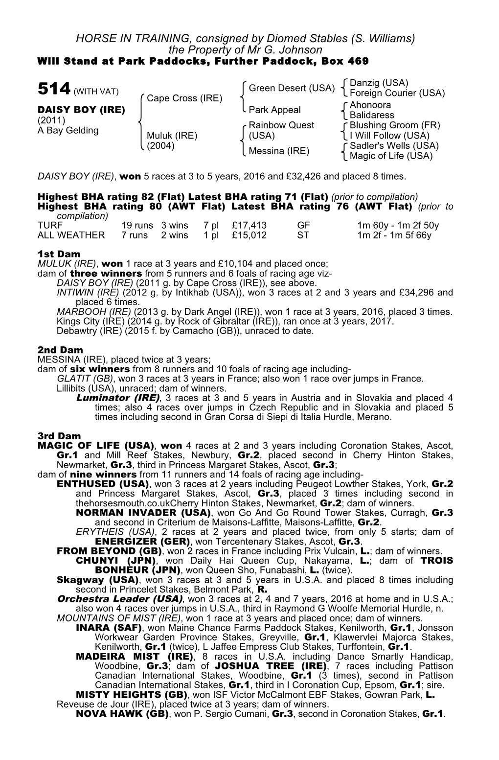 HORSE in TRAINING, Consigned by Diomed Stables (S. Williams) the Property of Mr G