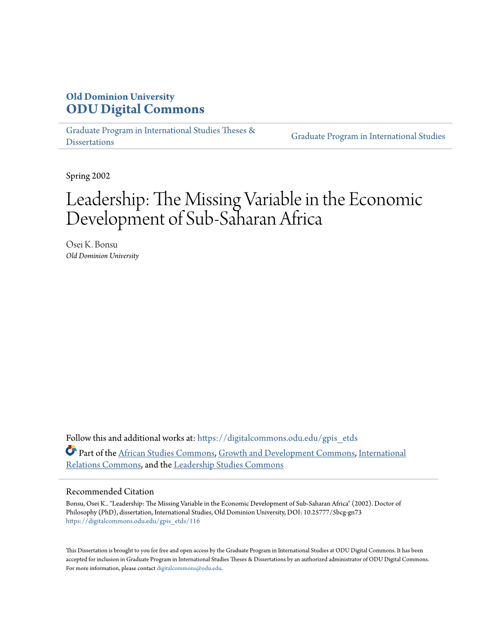 The Missing Variable in the Economic Development of Sub-Saharan Africa