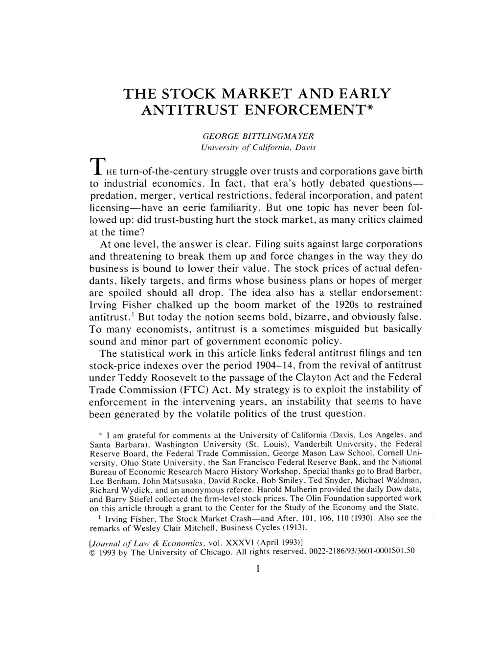 The Stock Market and Early Antitrust Enforcement*