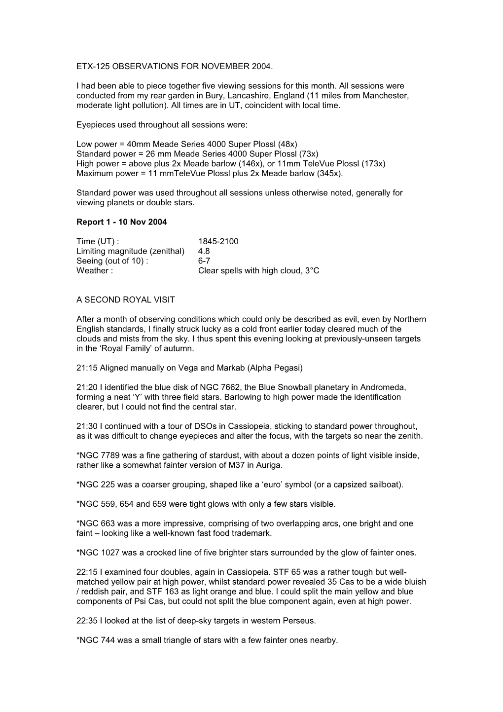 Etx-125 Observations for November 2004