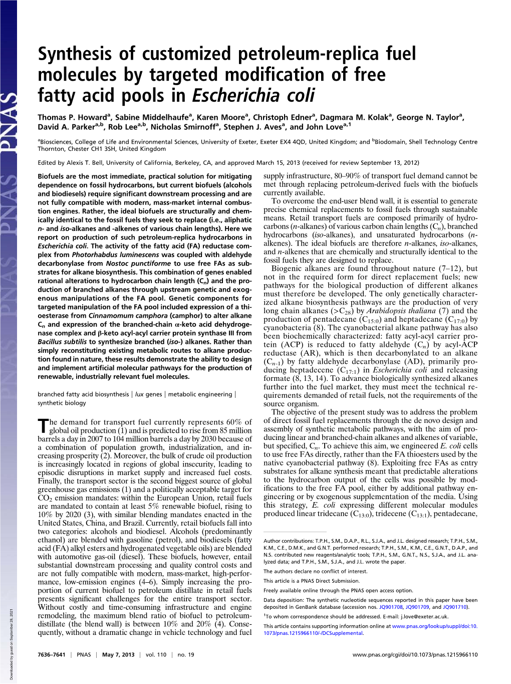 Synthesis of Customized Petroleum-Replica Fuel Molecules by Targeted Modiﬁcation of Free Fatty Acid Pools in Escherichia Coli