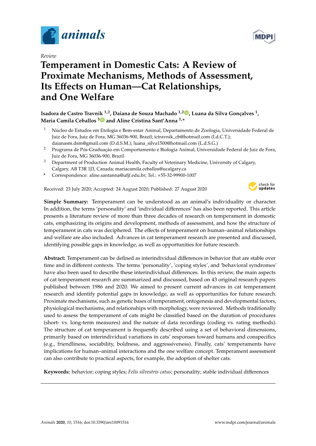 Temperament in Domestic Cats: a Review of Proximate Mechanisms, Methods of Assessment, Its Eﬀects on Human—Cat Relationships, and One Welfare