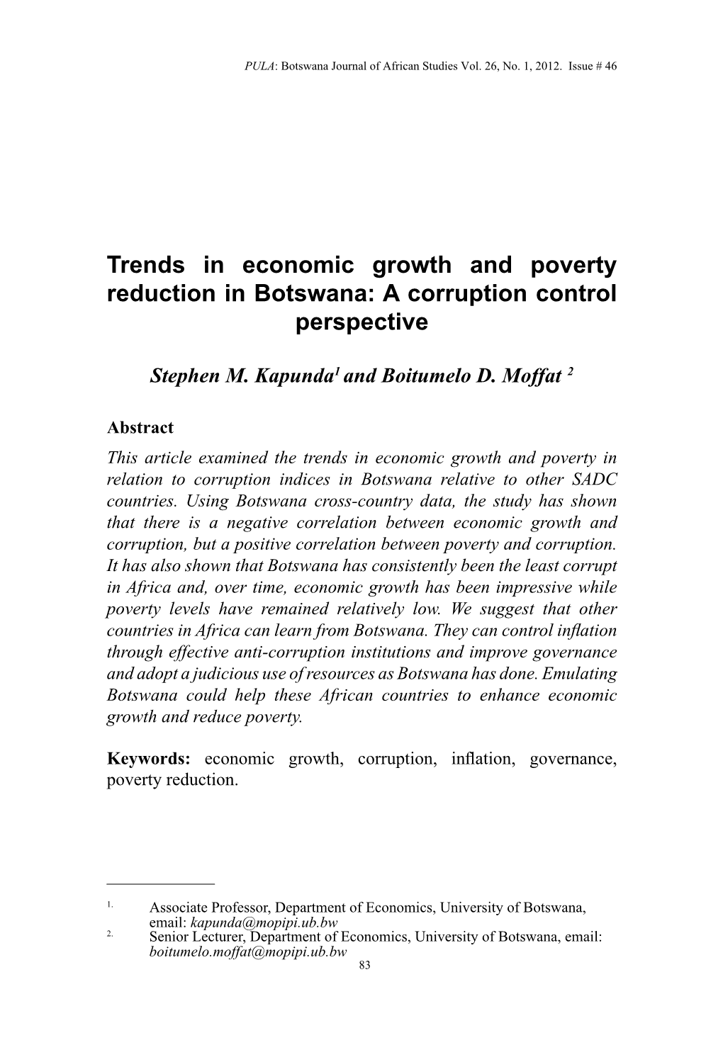 Trends in Economic Growth and Poverty Reduction in Botswana: a Corruption Control Perspective