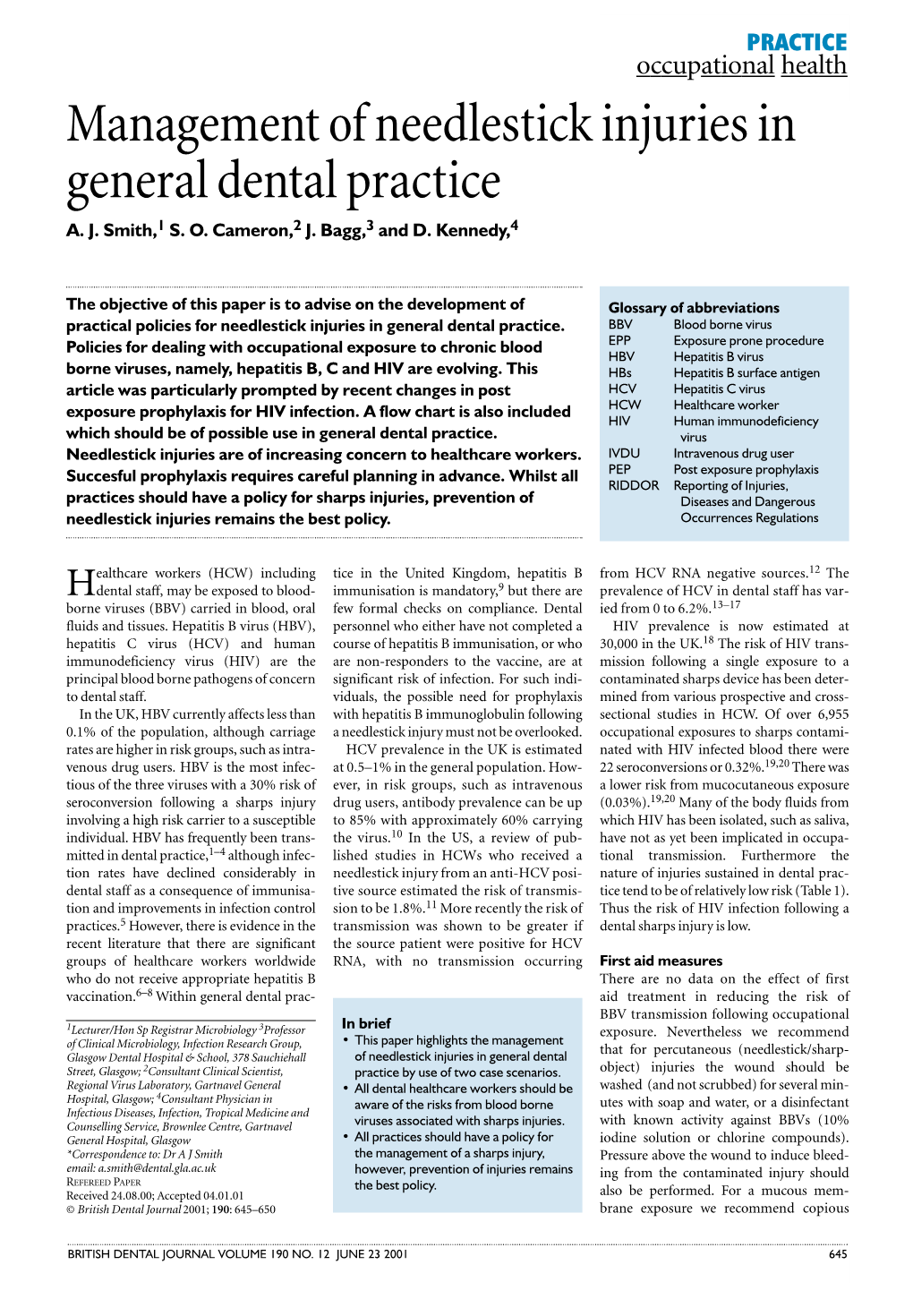 Management of Needlestick Injuries in General Dental Practice A