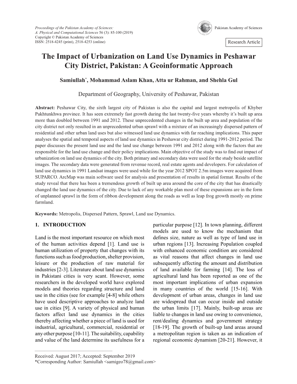 The Impact of Urbanization on Land Use Dynamics in Peshawar City District, Pakistan: a Geoinformatic Approach