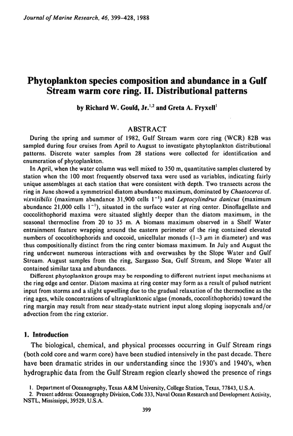 Phytoplankton Species Composition and Abundance in a Gulf Stream Warm Core Ring. II. Distributional Patterns