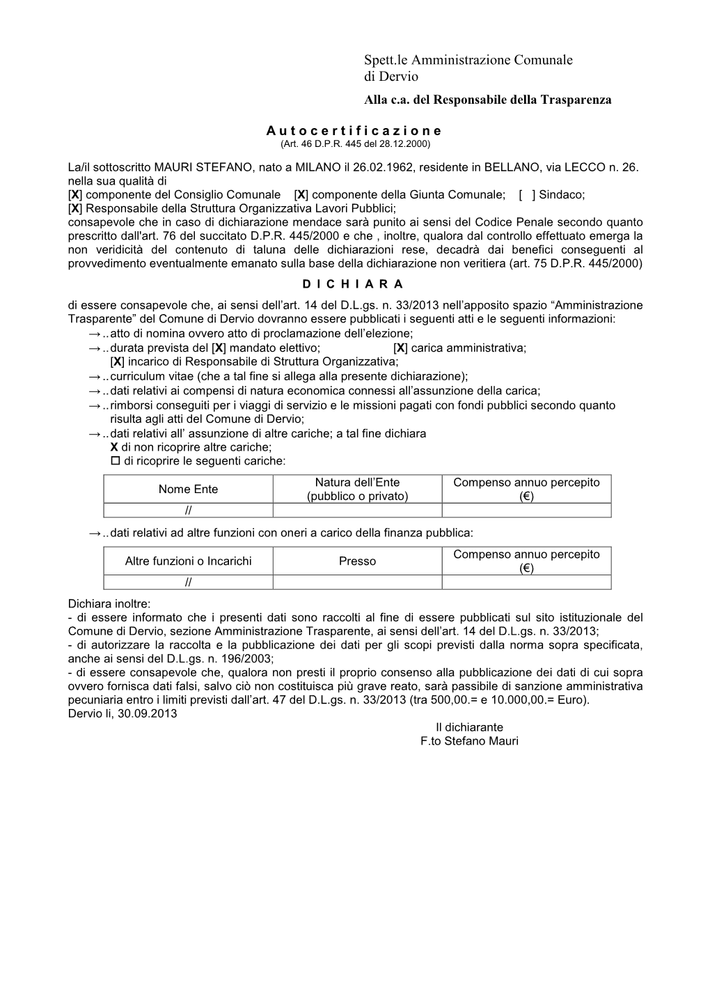 Spett.Le Amministrazione Comunale Di Dervio Alla C.A