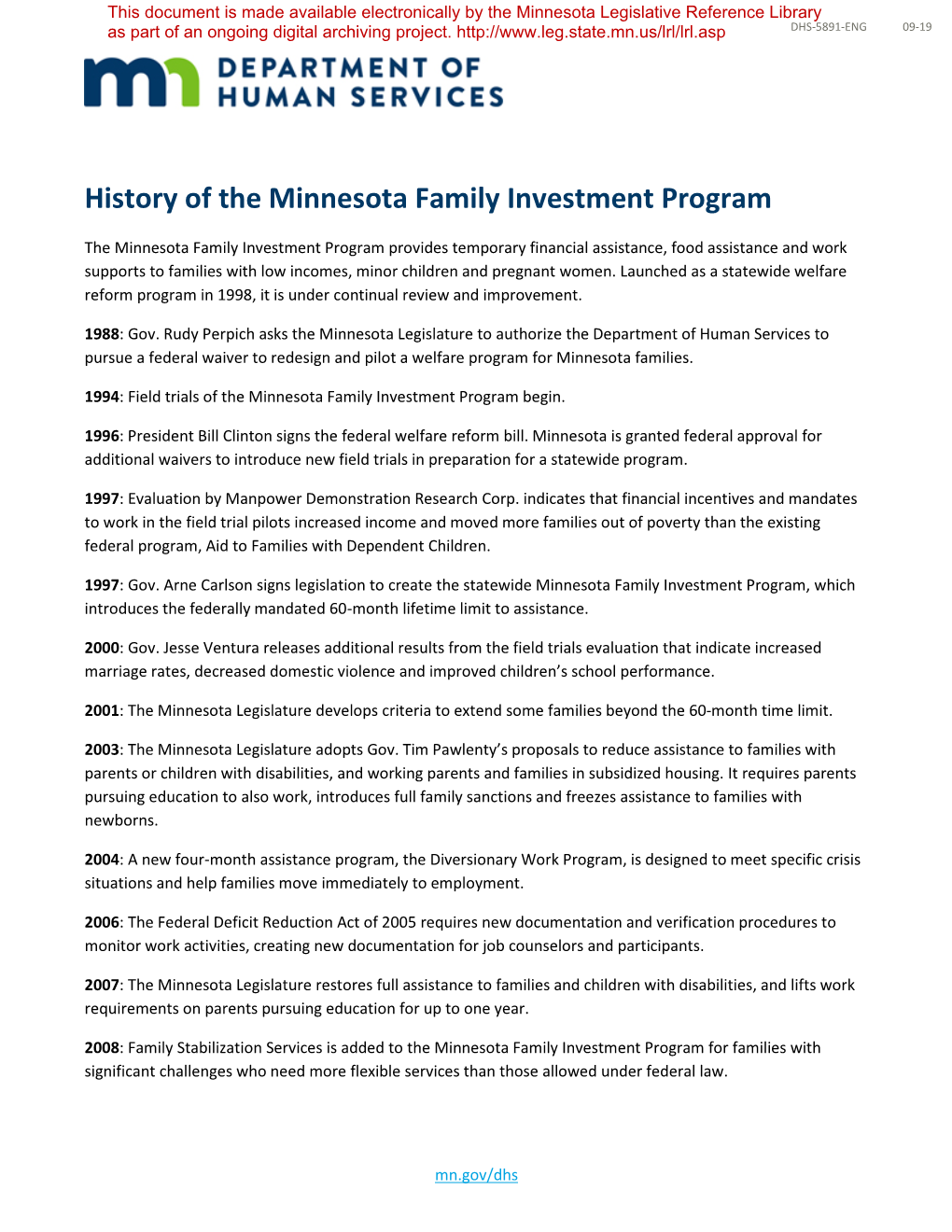 History of the Minnesota Family Investment Program