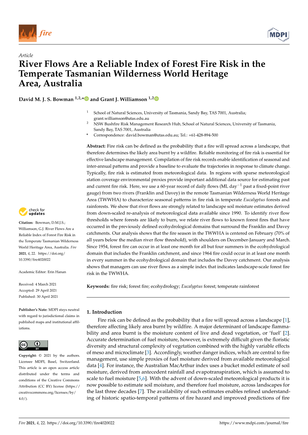 River Flows Are a Reliable Index of Forest Fire Risk in the Temperate Tasmanian Wilderness World Heritage Area, Australia