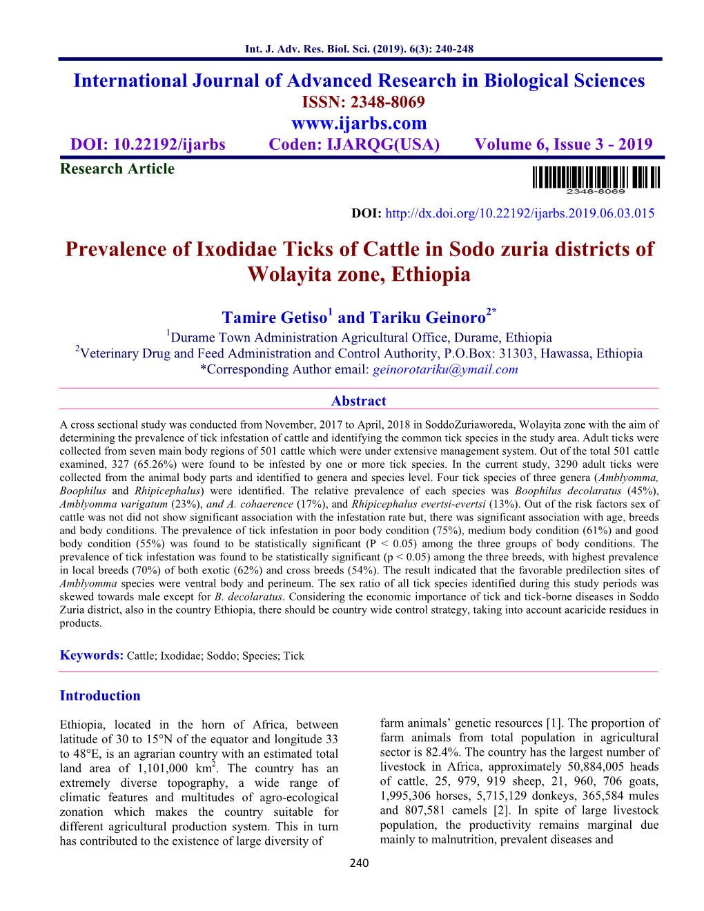 Prevalence of Ixodidae Ticks of Cattle in Sodo Zuria Districts of Wolayita Zone, Ethiopia