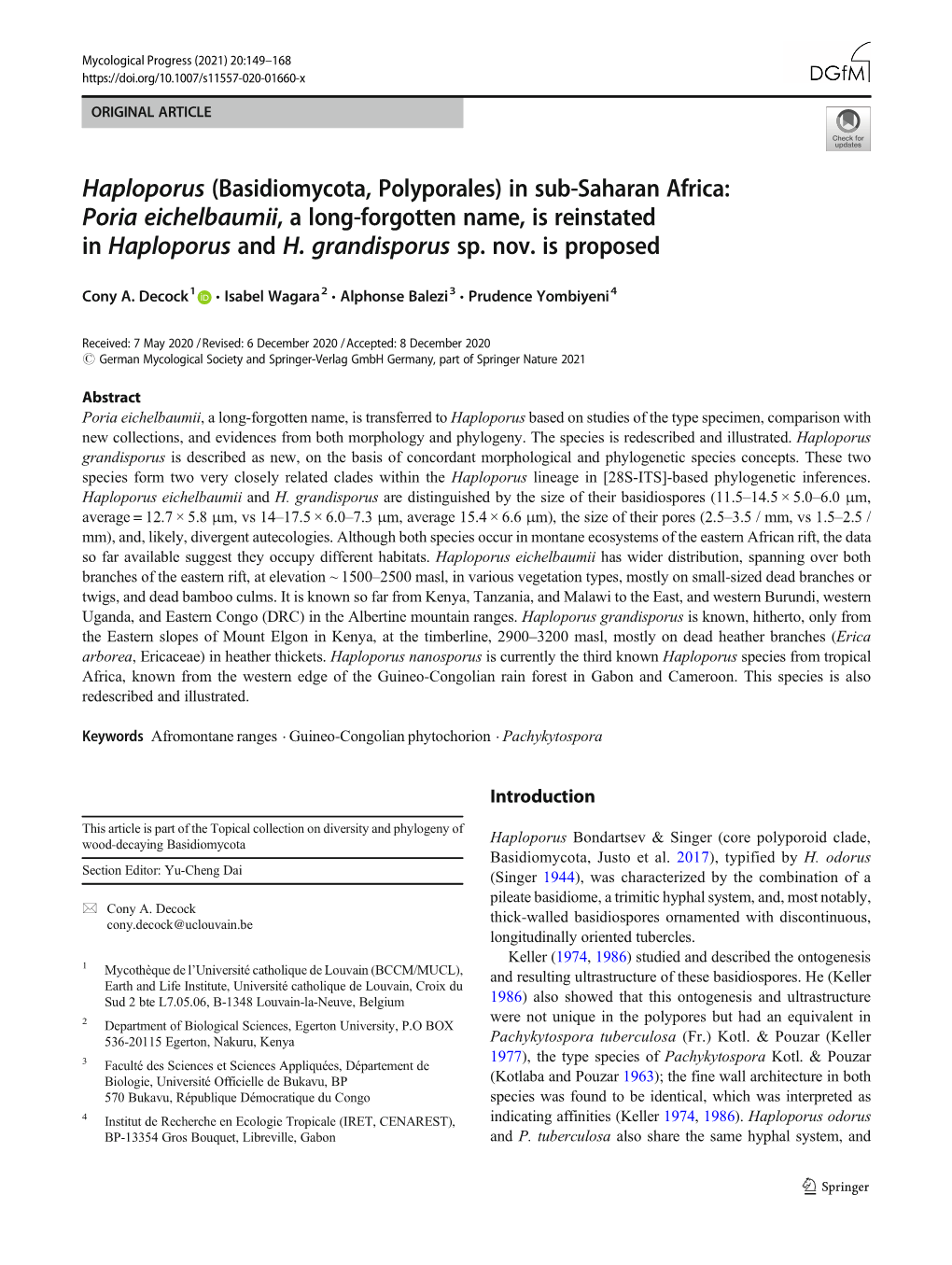 Haploporus (Basidiomycota, Polyporales) in Sub-Saharan Africa: Poria Eichelbaumii, a Long-Forgotten Name, Is Reinstated in Haploporus and H