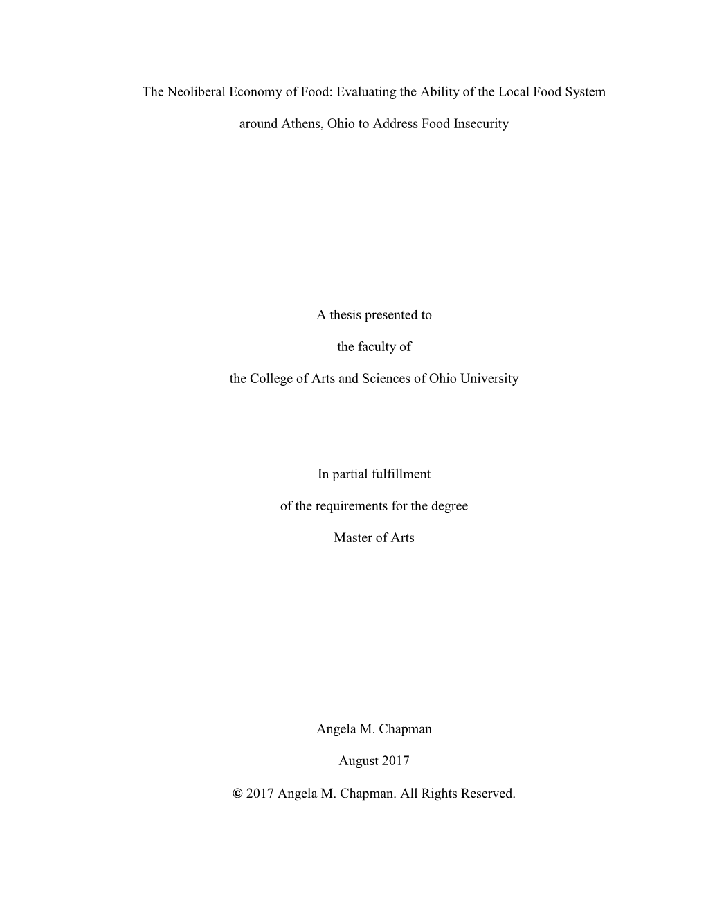 Evaluating the Ability of the Local Food System Around Athens, Ohio to Address Food Insecurity