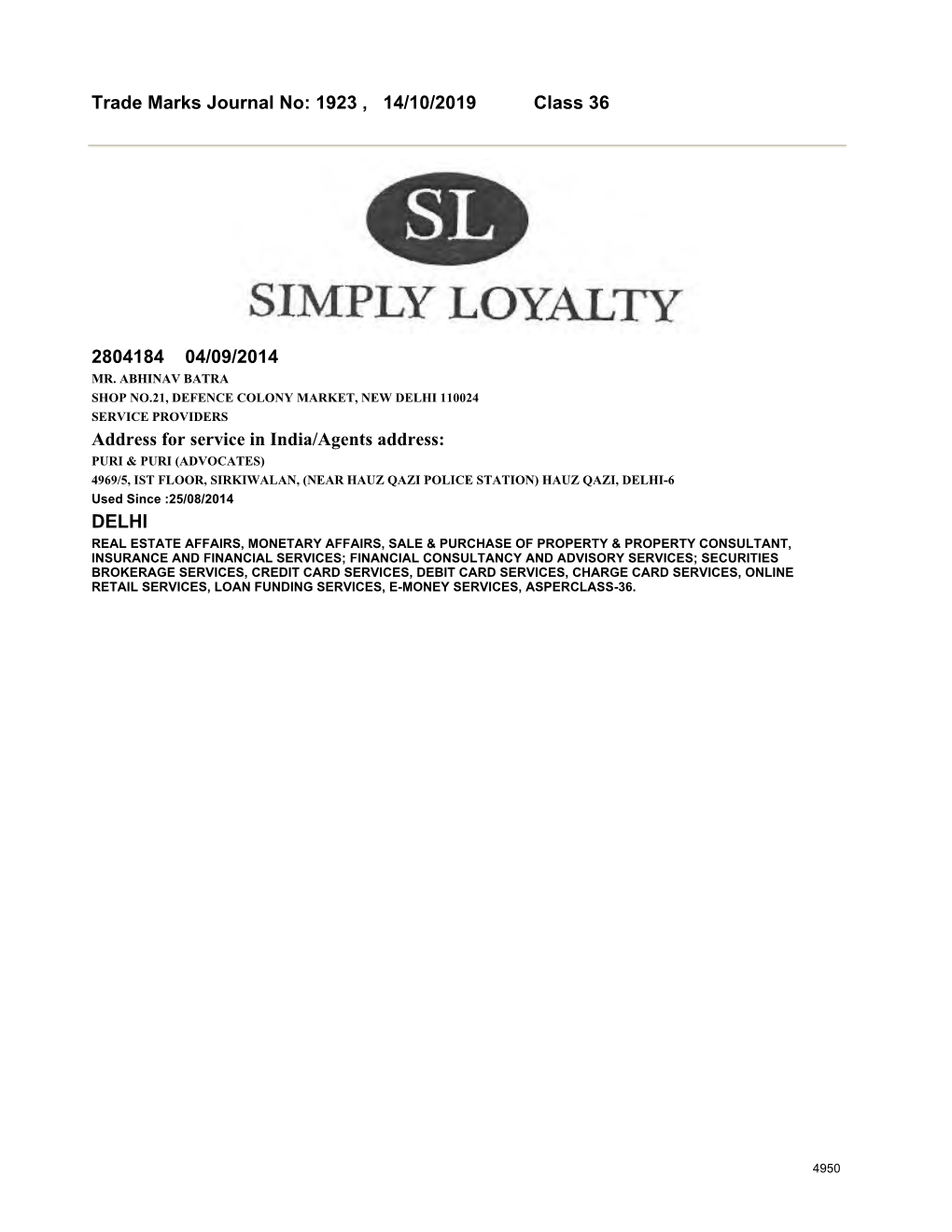 1923 , 14/10/2019 Class 36 2804184 04/09/2014 Address for Service In