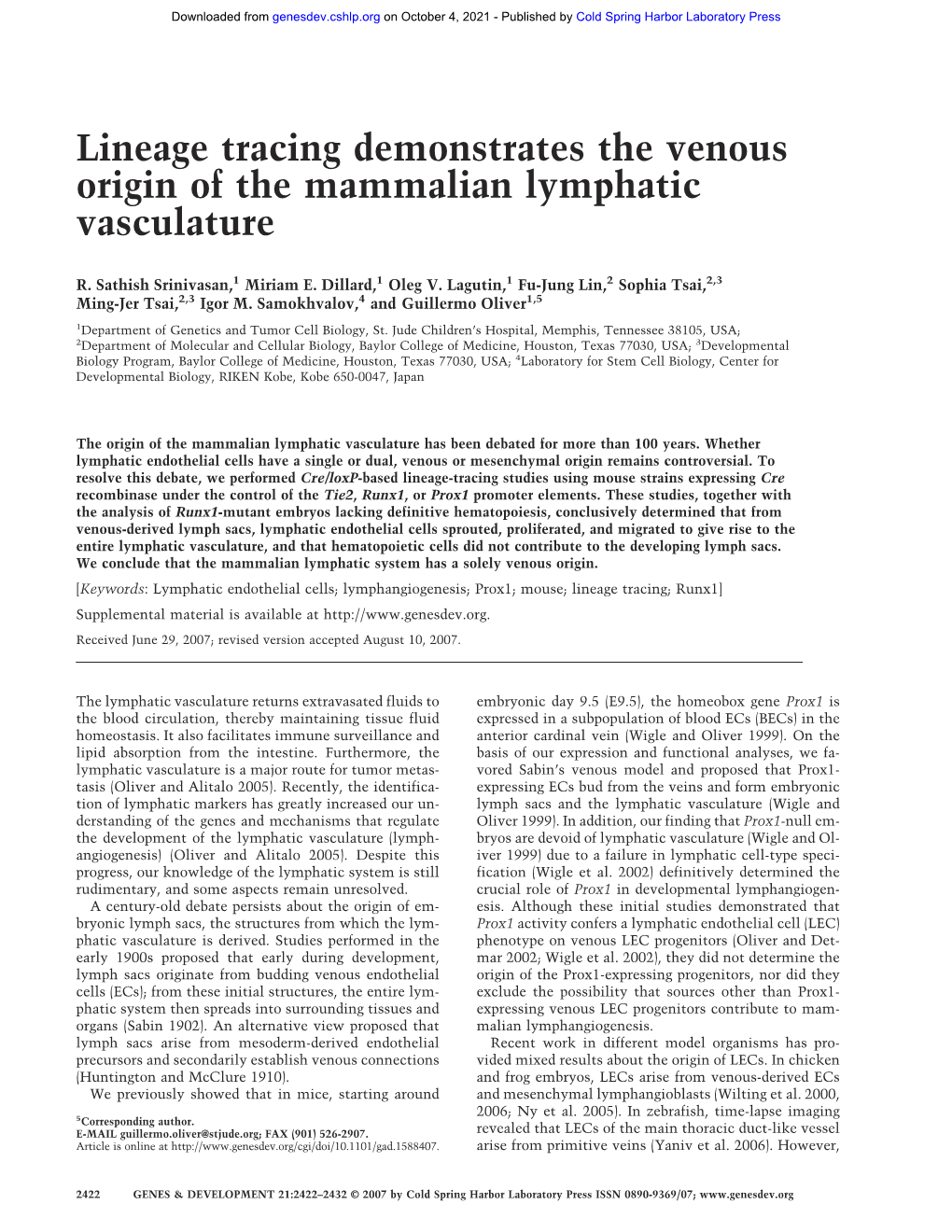 Lineage Tracing Demonstrates the Venous Origin of the Mammalian Lymphatic Vasculature