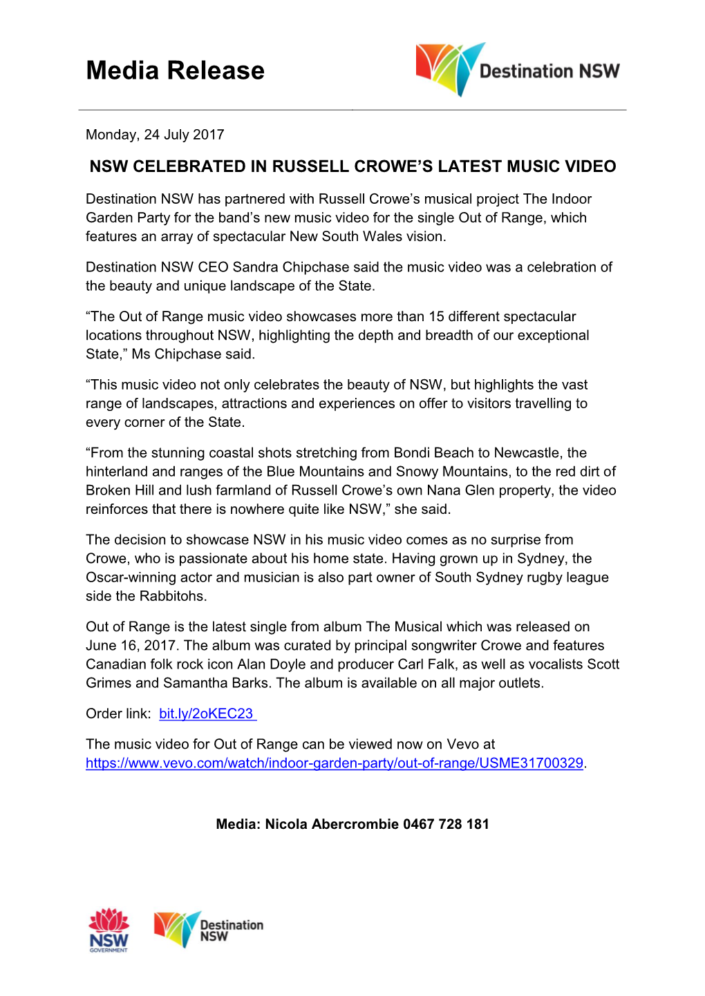 NSW Celebrated in Russell Crowe's Latest Music Video