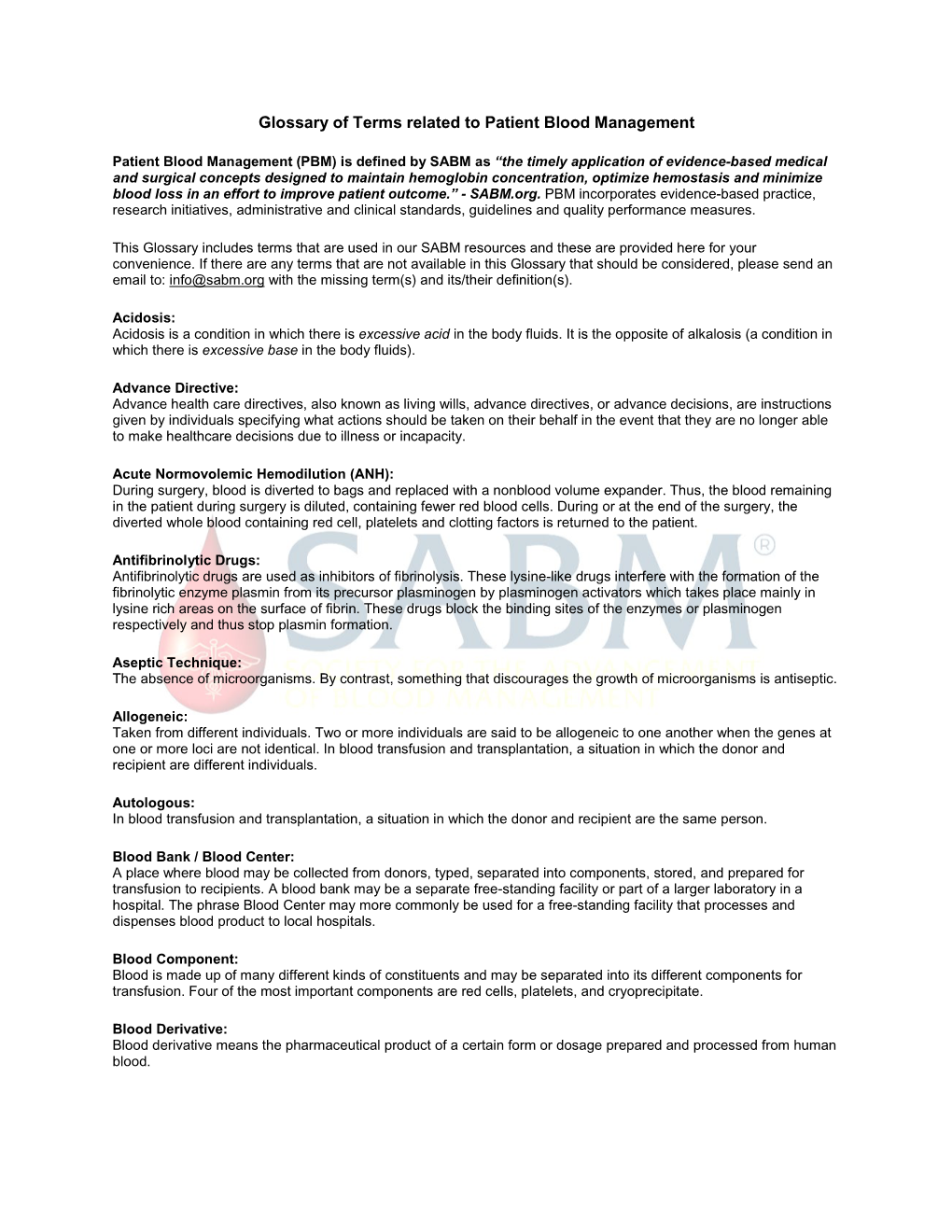 Glossary of Terms Related to Patient Blood Management