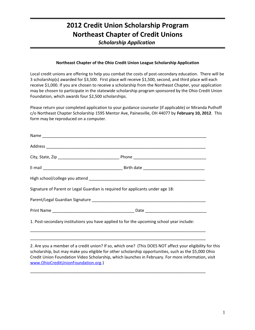 Northeast Chapter of the Ohio Credit Union League Scholarship Application