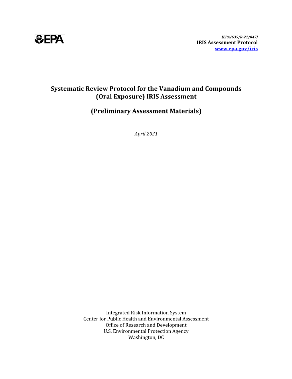 Systematic Review Protocol for the Vanadium and Compounds (Oral Exposure) IRIS Assessment