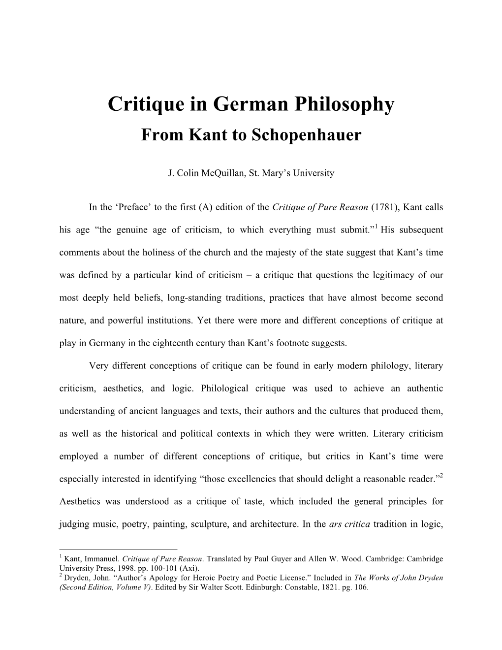 Critique in German Philosophy from Kant to Schopenhauer