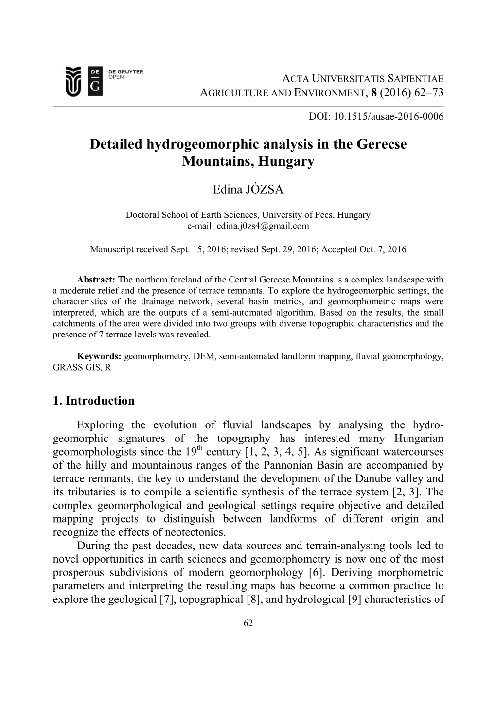 Detailed Hydrogeomorphic Analysis in the Gerecse Mountains, Hungary