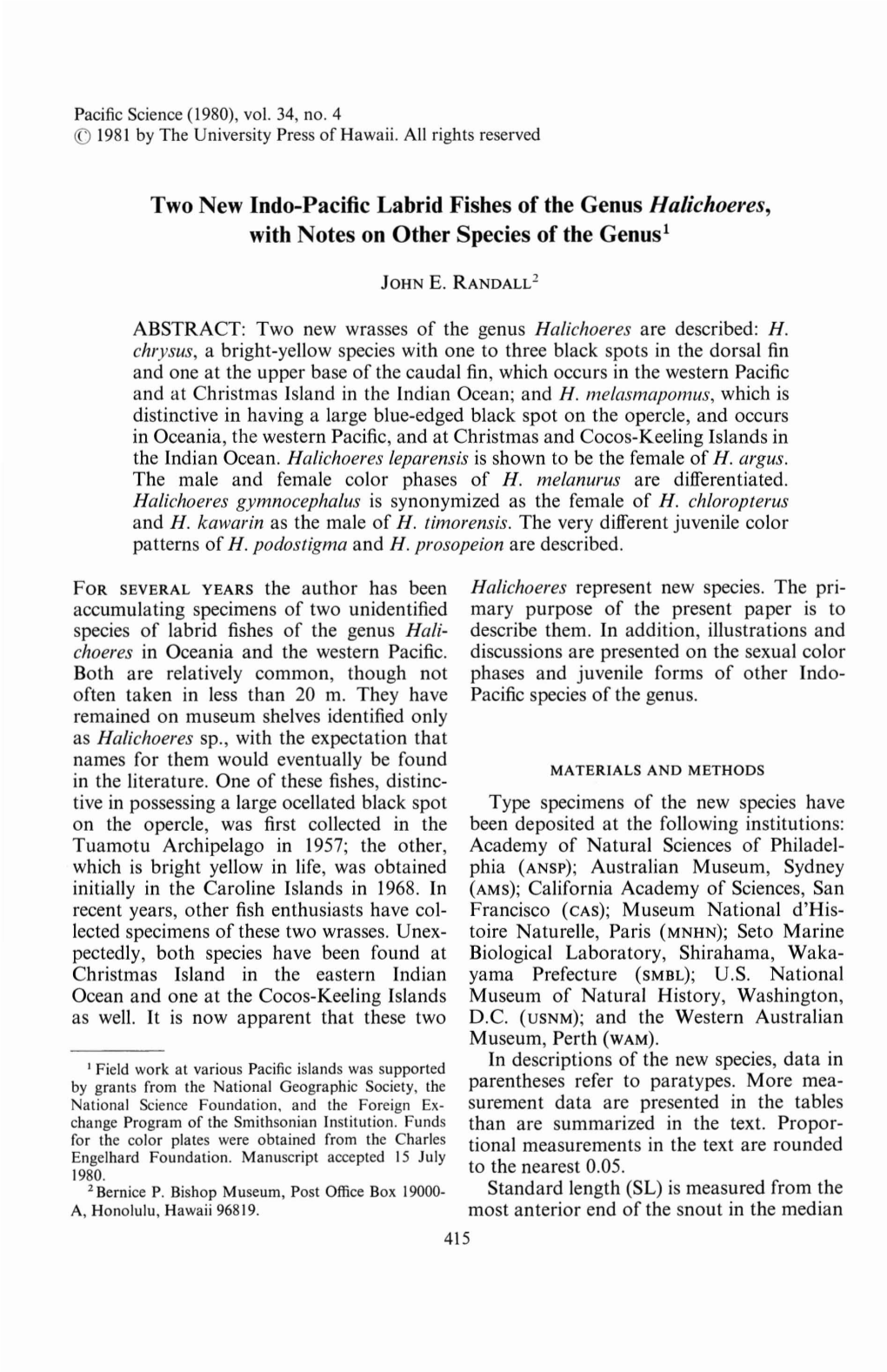 Two New Indo-Pacific Labrid Fishes of the Genus Halichoeres, with Notes on Other Species of the Genus!