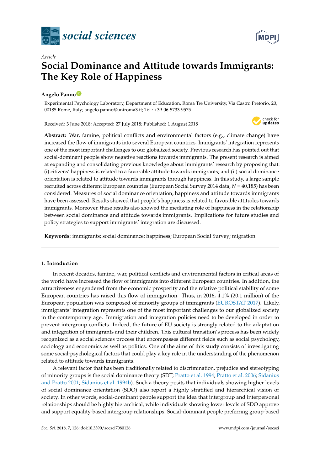 Social Dominance and Attitude Towards Immigrants: the Key Role of Happiness