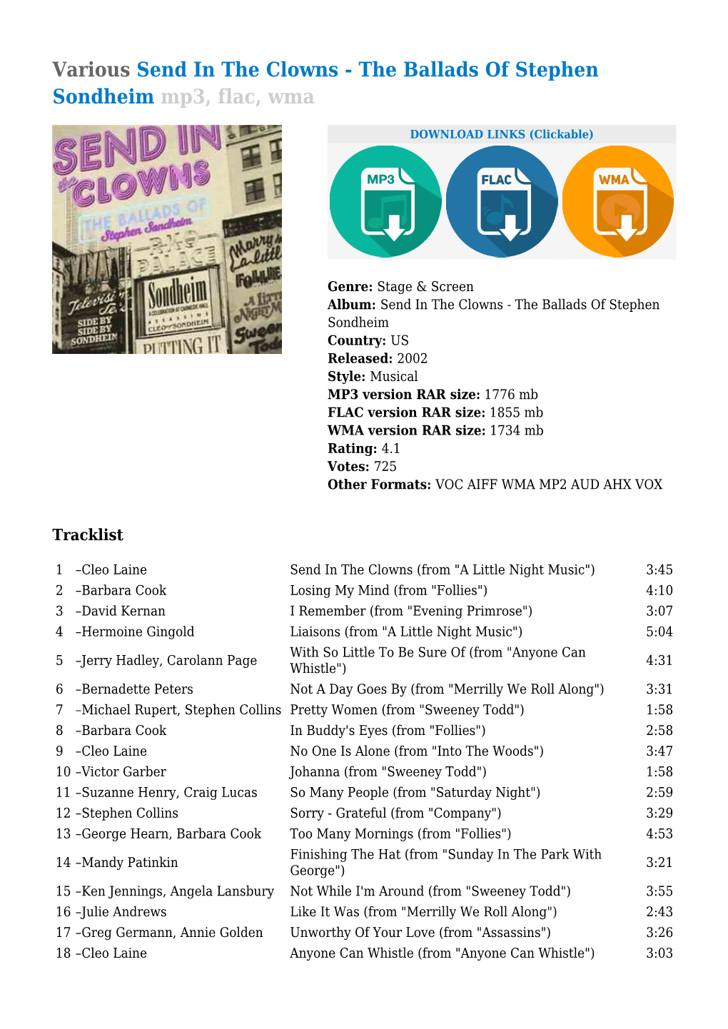 Various Send in the Clowns - the Ballads of Stephen Sondheim Mp3, Flac, Wma