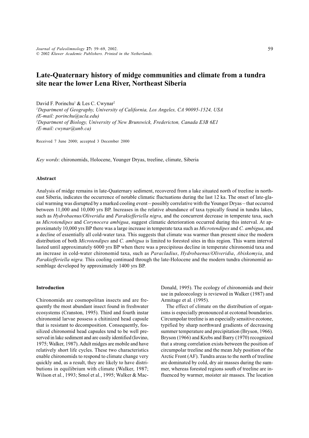 Late-Quaternary History of Midge Communities and Climate from a Tundra Site Near the Lower Lena River, Northeast Siberia