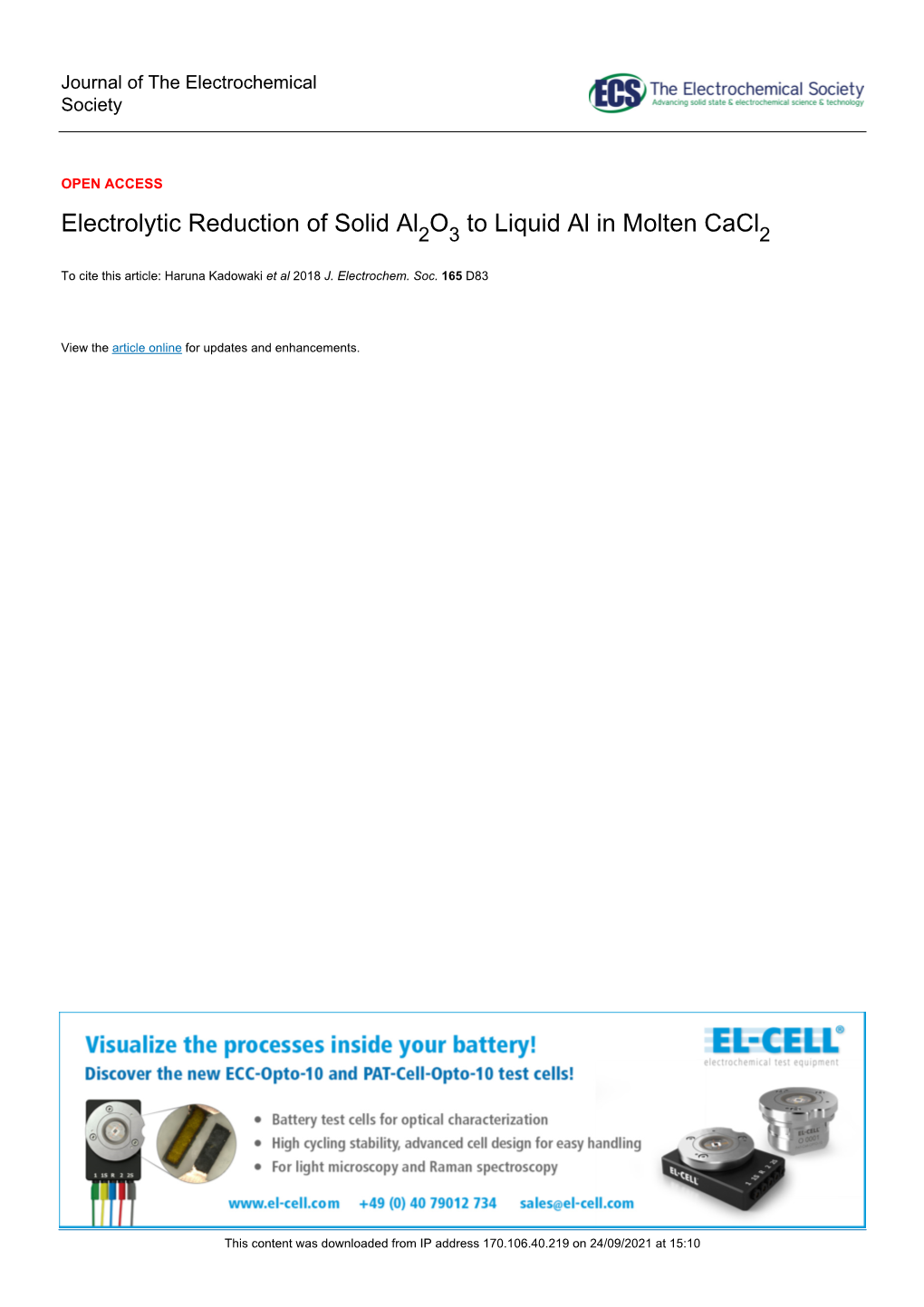 Electrolytic Reduction of Solid Al2o3 to Liquid Al in Molten Cacl2