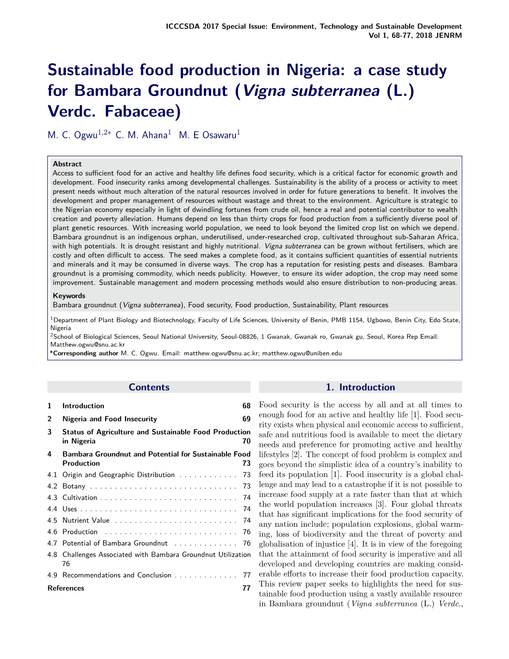 Sustainable Food Production in Nigeria: a Case Study for Bambara Groundnut (Vigna Subterranea (L.) Verdc. Fabaceae)