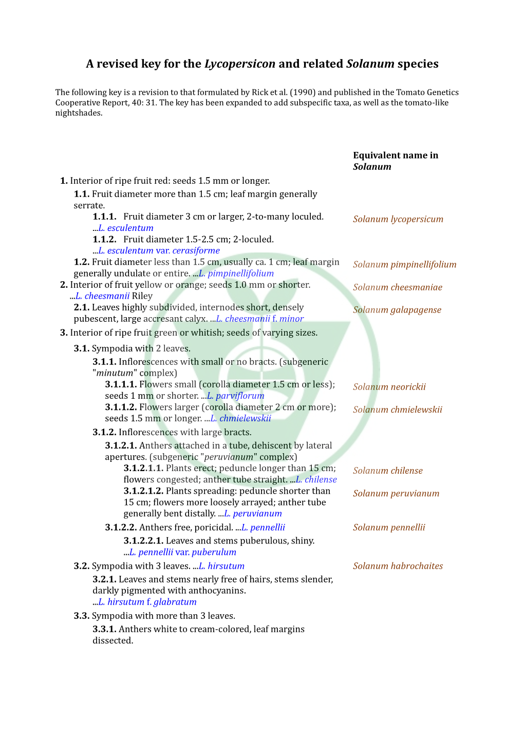 A Revised Key for the Lycopersicon and Related Solanum Species