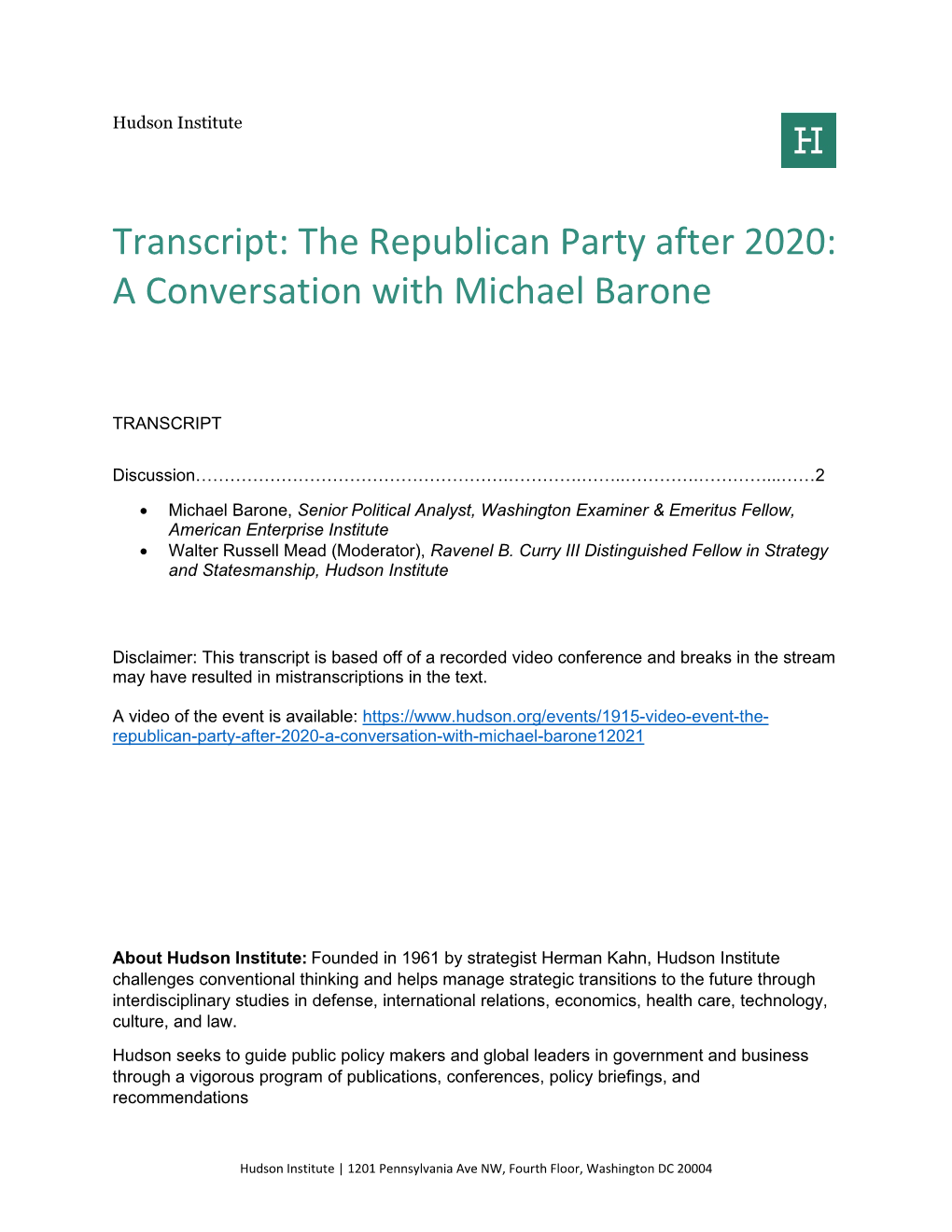 The Republican Party After 2020: a Conversation with Michael Barone