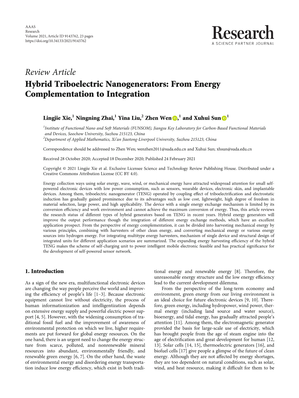 Review Article Hybrid Triboelectric Nanogenerators: from Energy Complementation to Integration