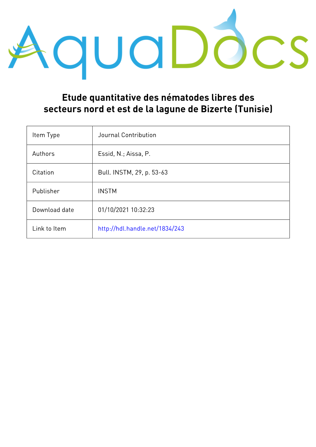 Etude Quantitative Des Nematodes Libres Des Secteurs Nord Et Est De La Lagune De Bizerte (Tunisie)