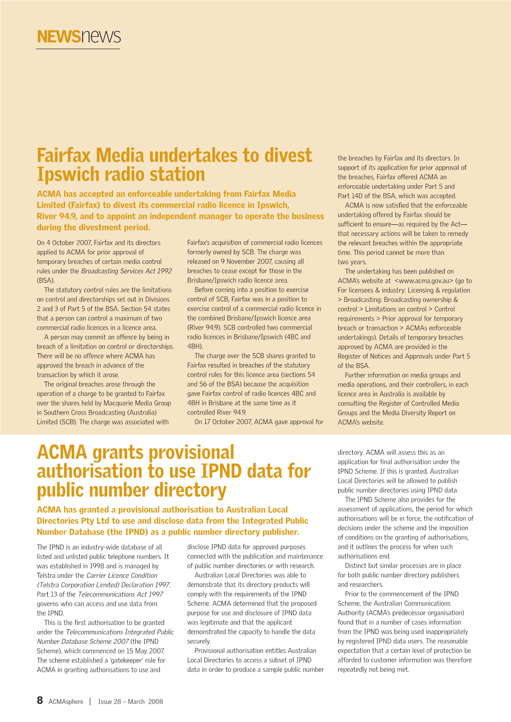 Fairfax Media Undertakes to Divest Ipswich Radio Station ACMA Grants