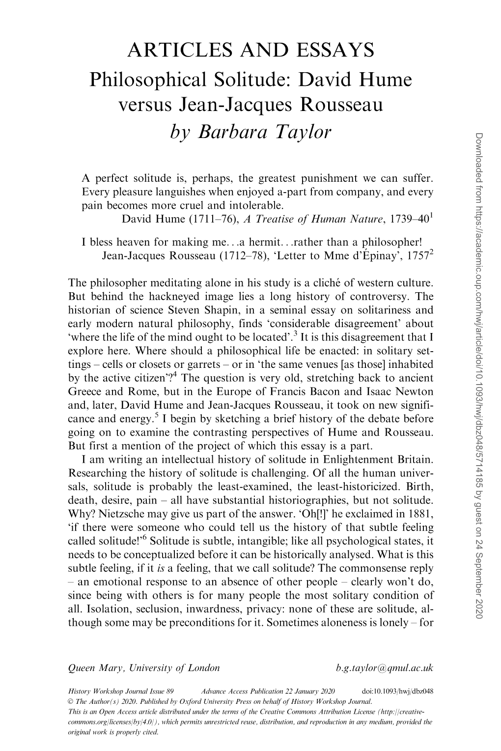 ARTICLES and ESSAYS Philosophical Solitude: David Hume Versus Jean-Jacques Rousseau